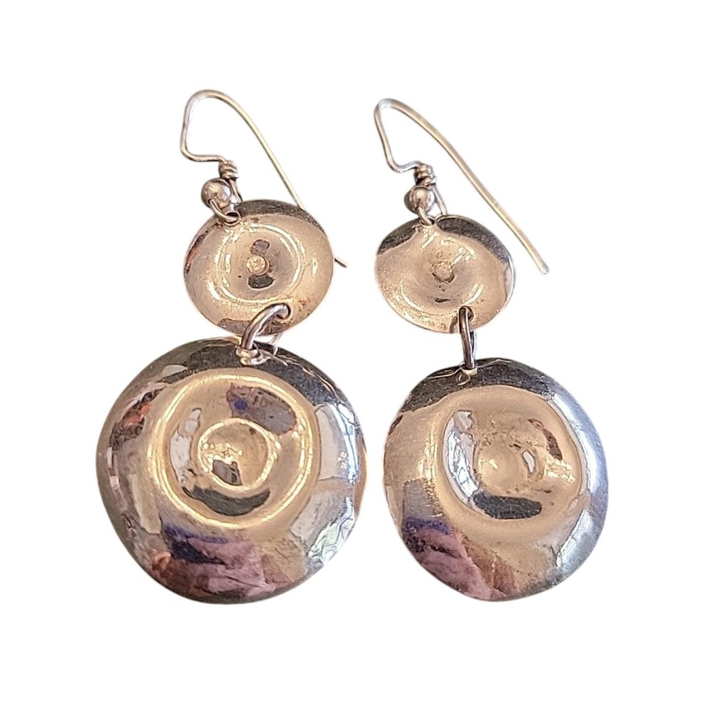 Handmade Earrings Double Drop Dangle Disk925 Sterling Silver Signed Hammer